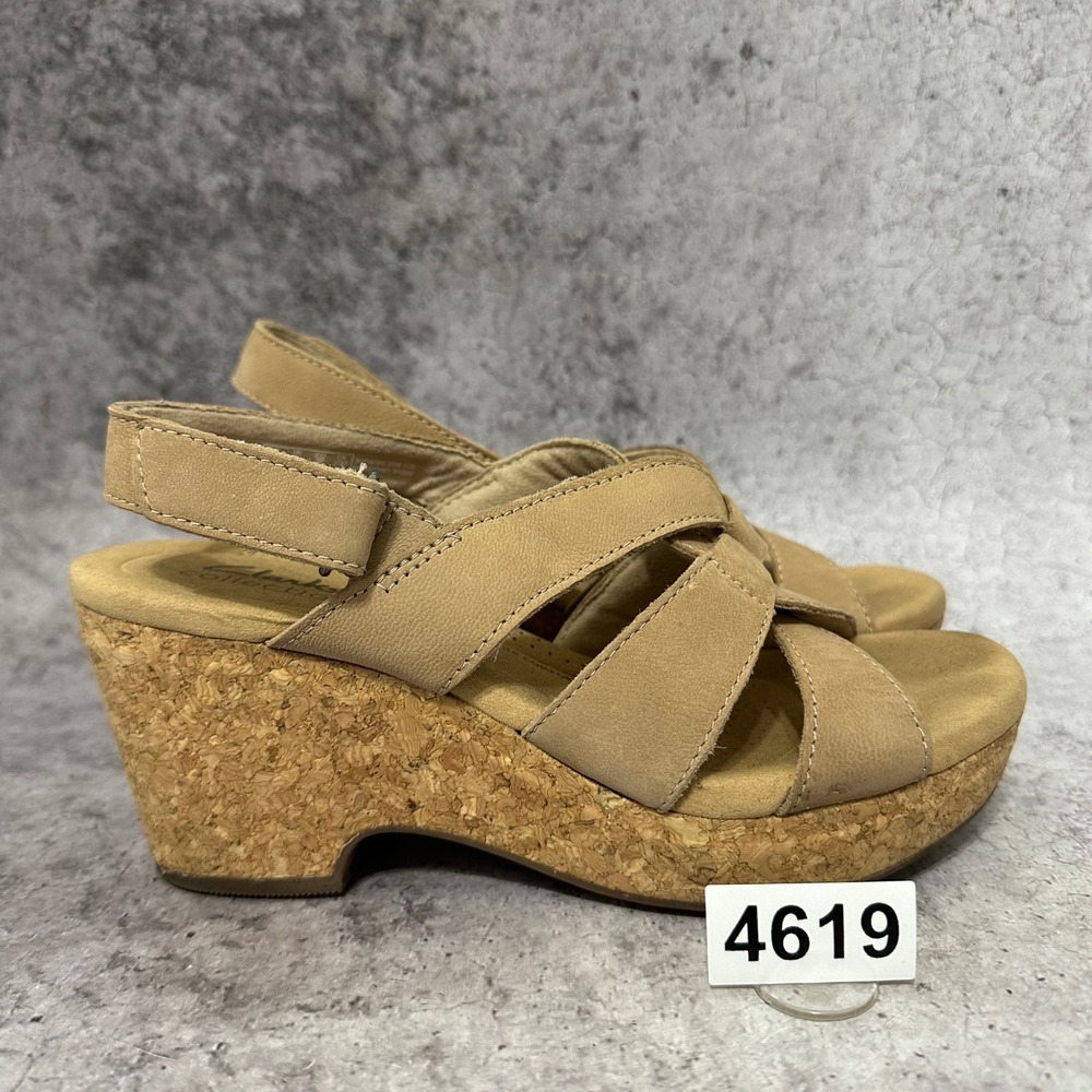 Clarks Giselle Beach Sandals Women 6.5 Tan Cork Wedge Strappy Comfort